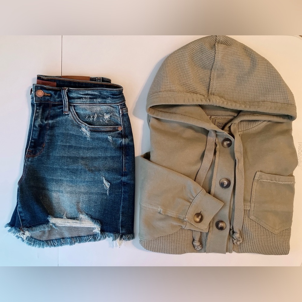 🫒American Eagle Waffle Knit Shacket Button Down Hoodie Oversized Green XS - Picture 12 of 12